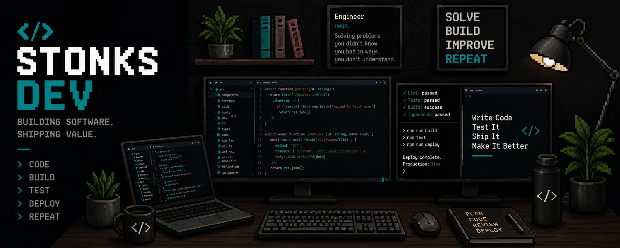 STONKS DEV. Building software, shipping value. A pixel art developer desk with an editor, a passing test run and a deploy log