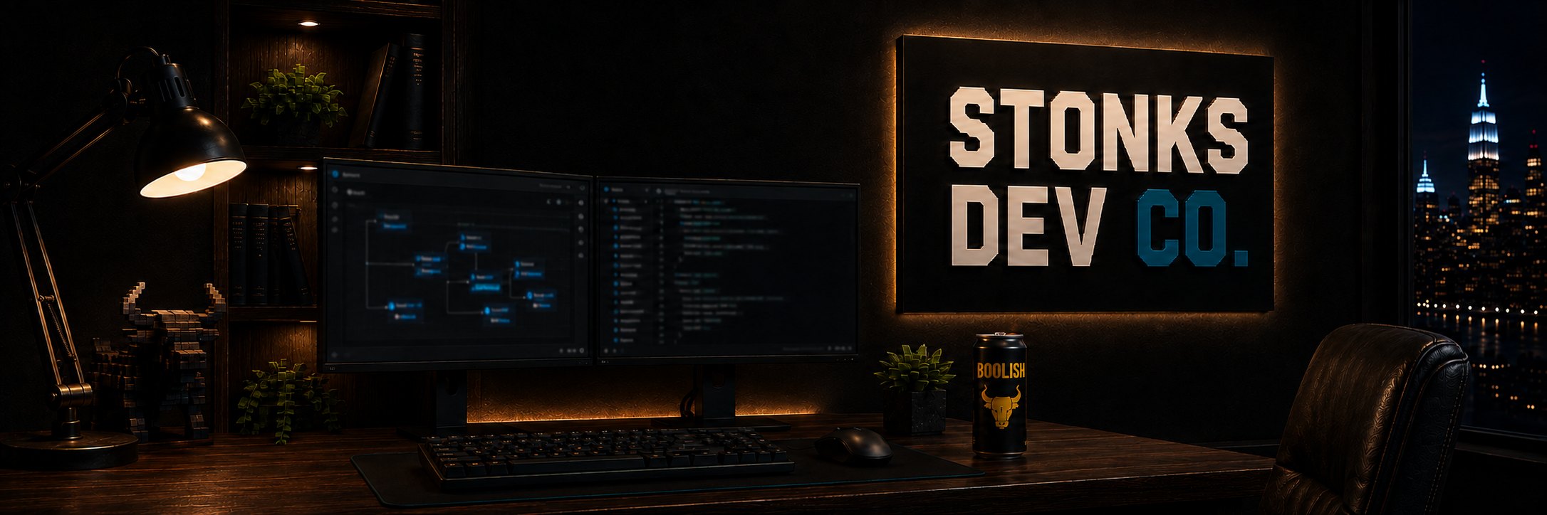 STONKS DEV CO. A glowing sign above a developer desk with two monitors of code, a city skyline through the window