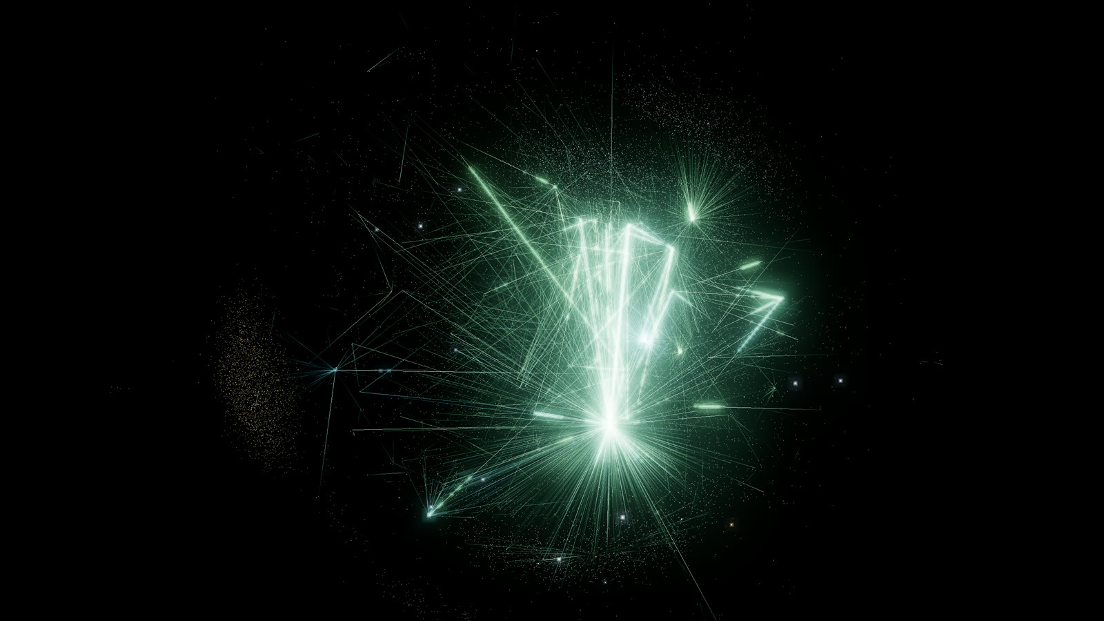A still from The Birth of Arc: a bright cluster of stars with lines of light between them on black